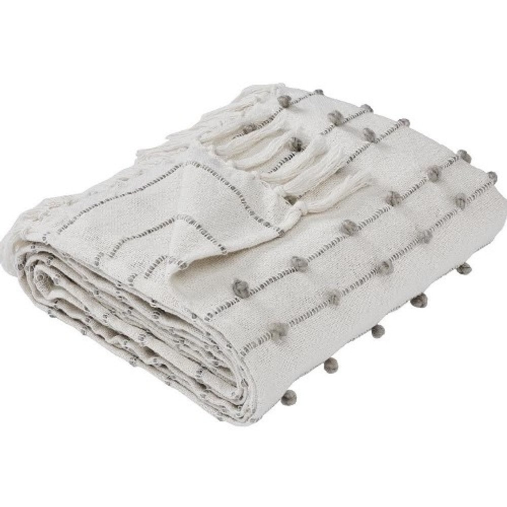Veria 60 x 70 Cotton Throw with Pompom Stripe Design The Urban Port, Cream - BM269181