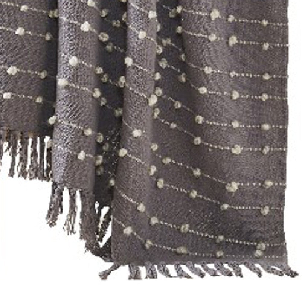 Veria 60 x 70 Cotton Throw with Pompom Stripe Design  Gray - BM269182
