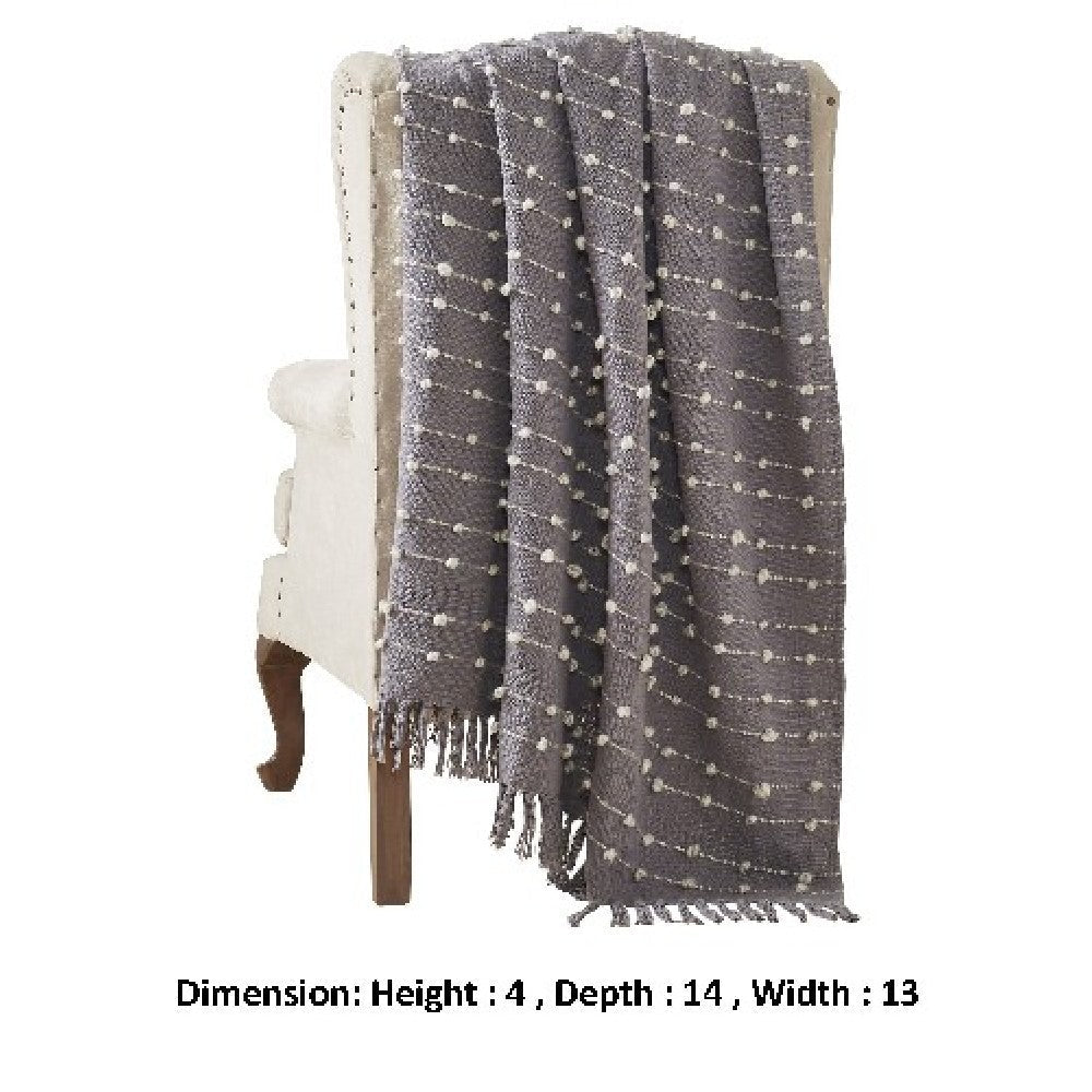 Veria 60 x 70 Cotton Throw with Pompom Stripe Design  Gray - BM269182