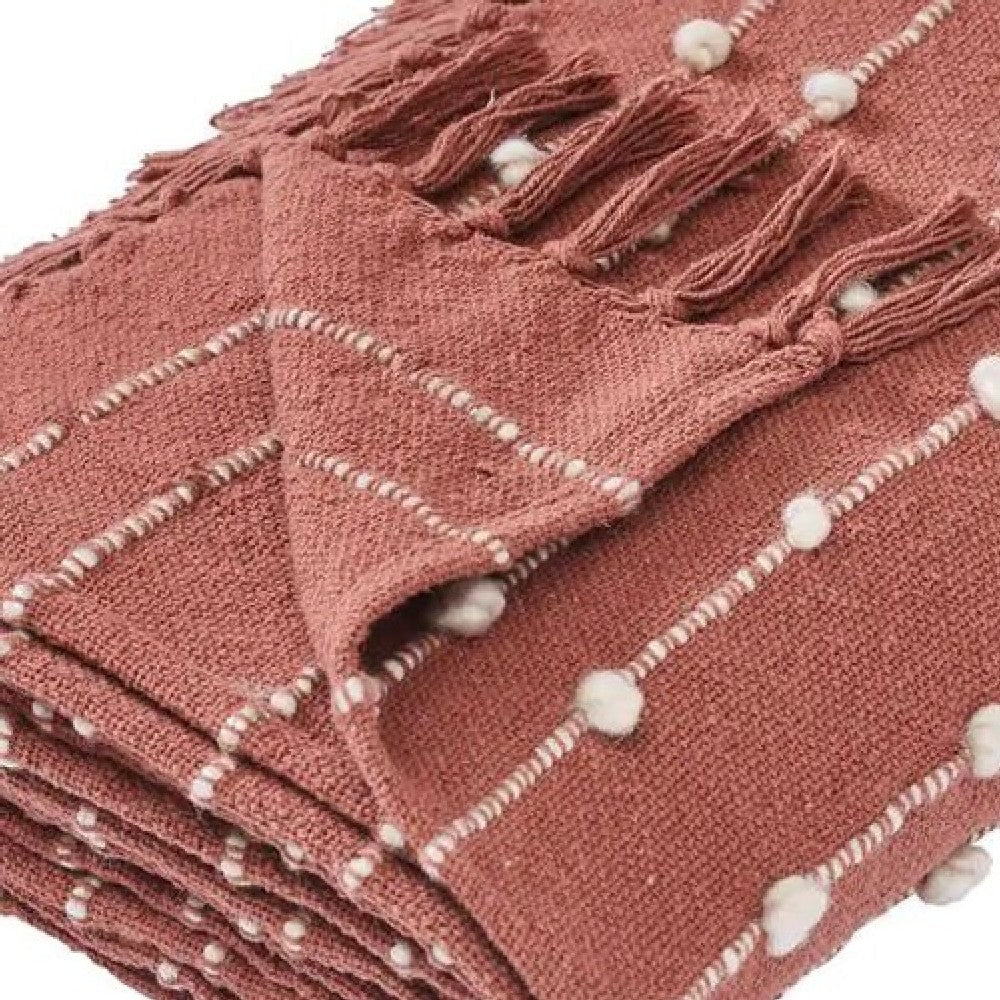 Veria 60 x 70 Cotton Throw with Pompom Stripe Design The Urban Port,Red - BM269184
