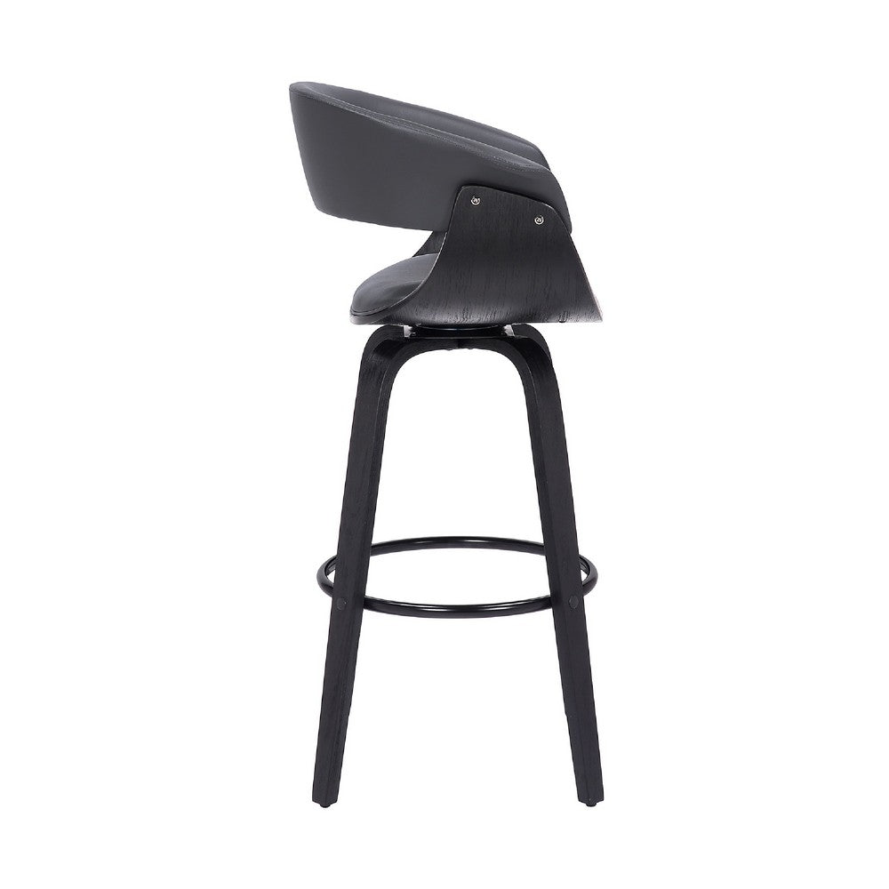 26 Inch Swivel Faux Leather Barstool with Curved Open Back, Gray - BM269991