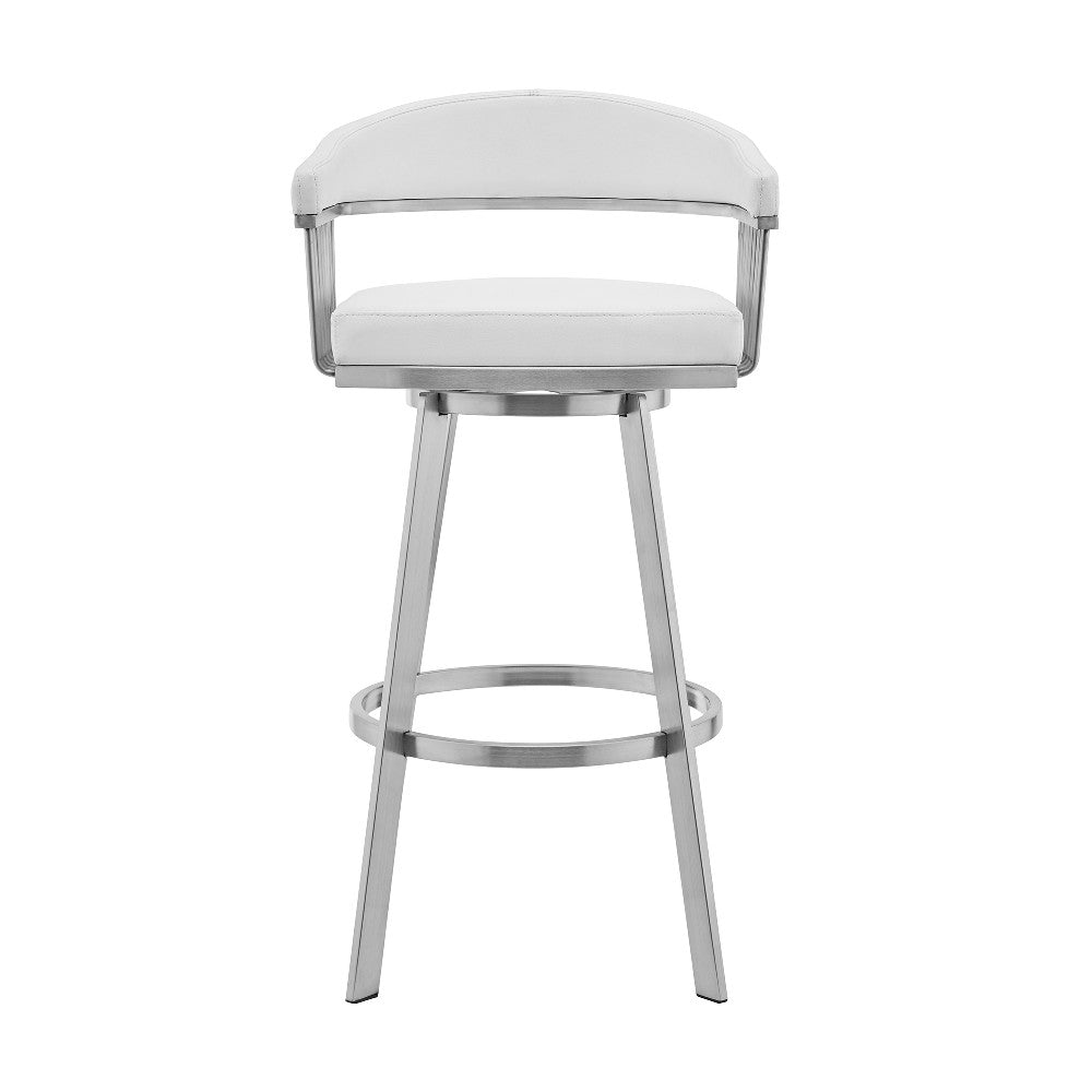 Swivel Barstool with Open Metal Frame and Slatted Arms, White and Silver - BM270144