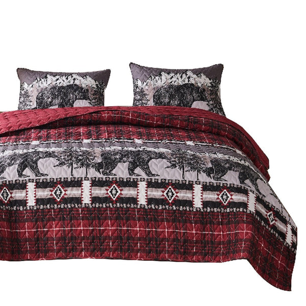 2 Piece Twin Quilt Set with Bear and Plaid Pattern, Gray and Red - BM270176