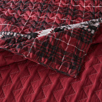 2 Piece Twin Quilt Set with Bear and Plaid Pattern, Gray and Red - BM270176