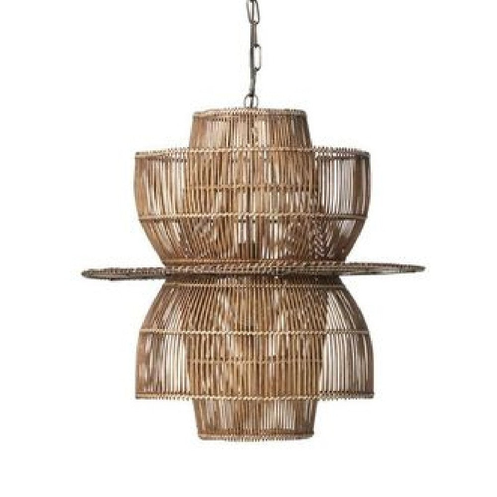 24 Inch Rattan Pendant Chandelier, Natural Brown, Brass - BM272381