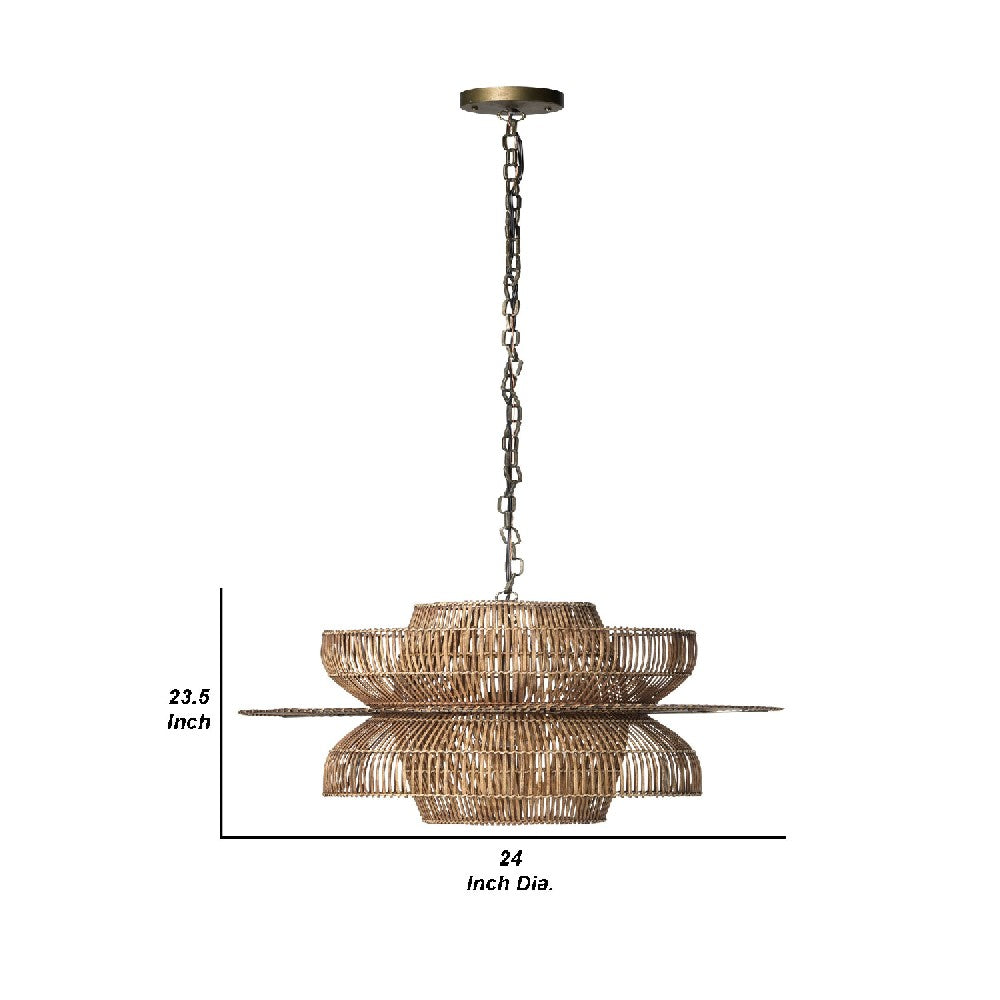 24 Inch Rattan Pendant Chandelier, Natural Brown, Brass - BM272381