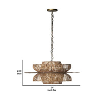 24 Inch Rattan Pendant Chandelier, Natural Brown, Brass - BM272381