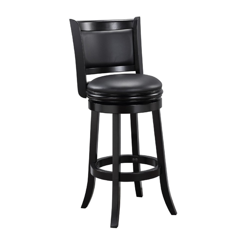 29 Inch Pio Solid Wood  Swivel Barstool, Vegan Faux Leather, Curved Backrest, Black - BM273789