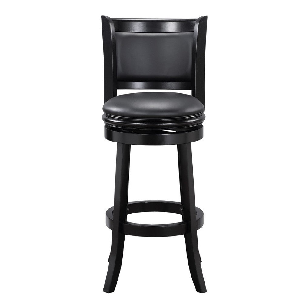 29 Inch Pio Solid Wood  Swivel Barstool, Vegan Faux Leather, Curved Backrest, Black - BM273789