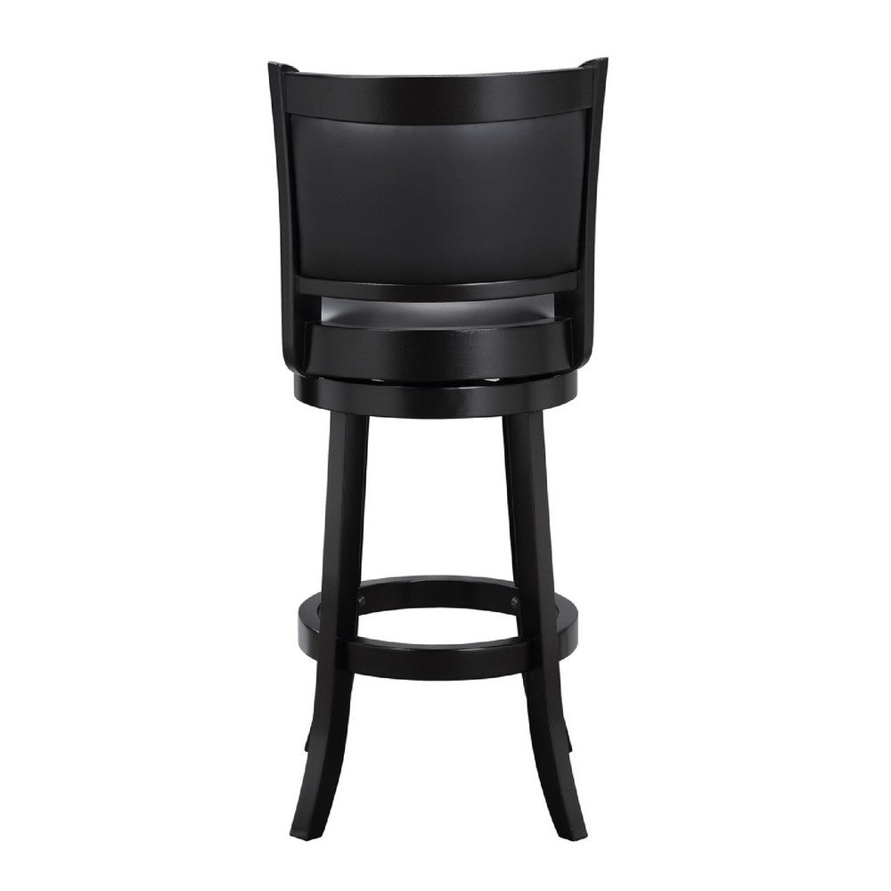 29 Inch Pio Solid Wood  Swivel Barstool, Vegan Faux Leather, Curved Backrest, Black - BM273789