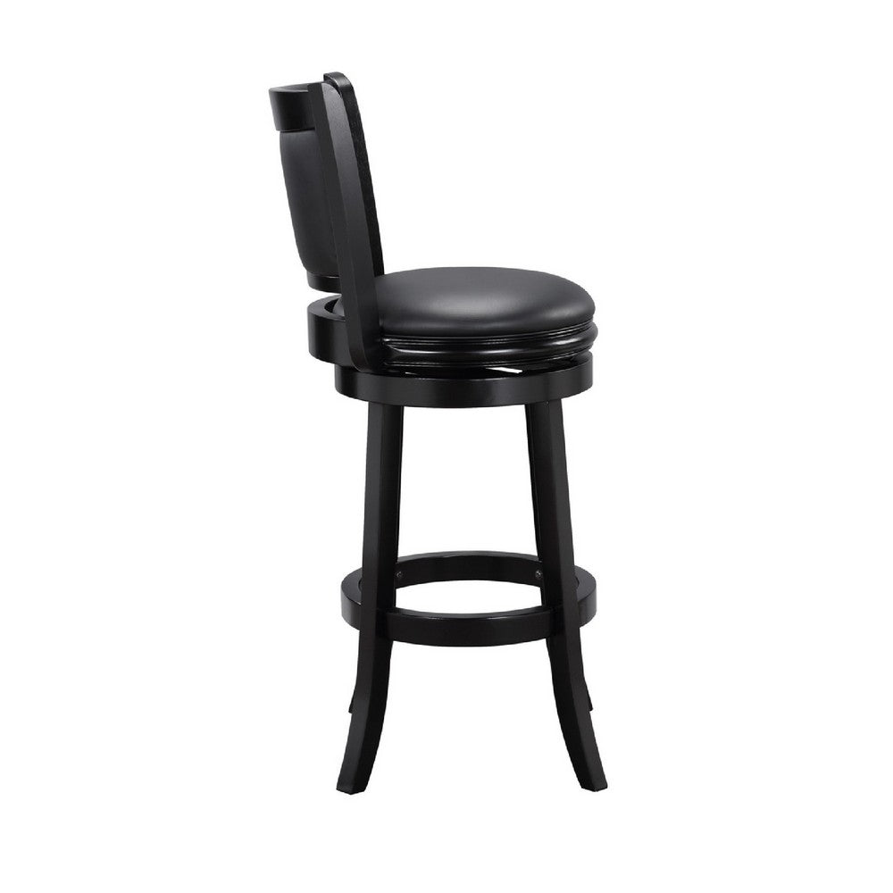29 Inch Pio Solid Wood  Swivel Barstool, Vegan Faux Leather, Curved Backrest, Black - BM273789