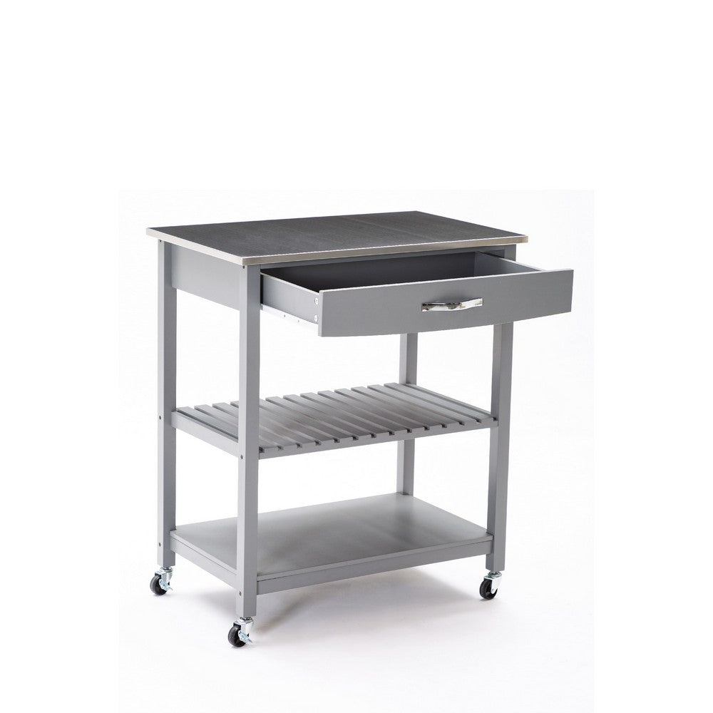 38 Inch 2 Tier Kitchen Cart Island, Shelf, Steel Top, Lock Casters, Gray - BM274298