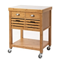 36 Inch Bamboo Kitchen Cart Island, 2 Drawers, Stainless Steel Top, Brown - BM274344