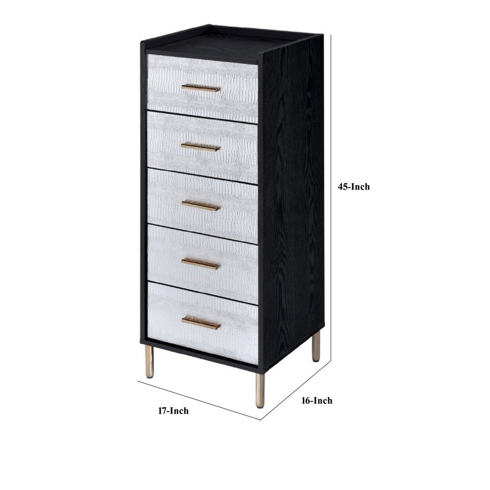 San 45 Inch 5 Drawer Jewelry Storage Chest, Gold Legs, Black and Silver - BM274615