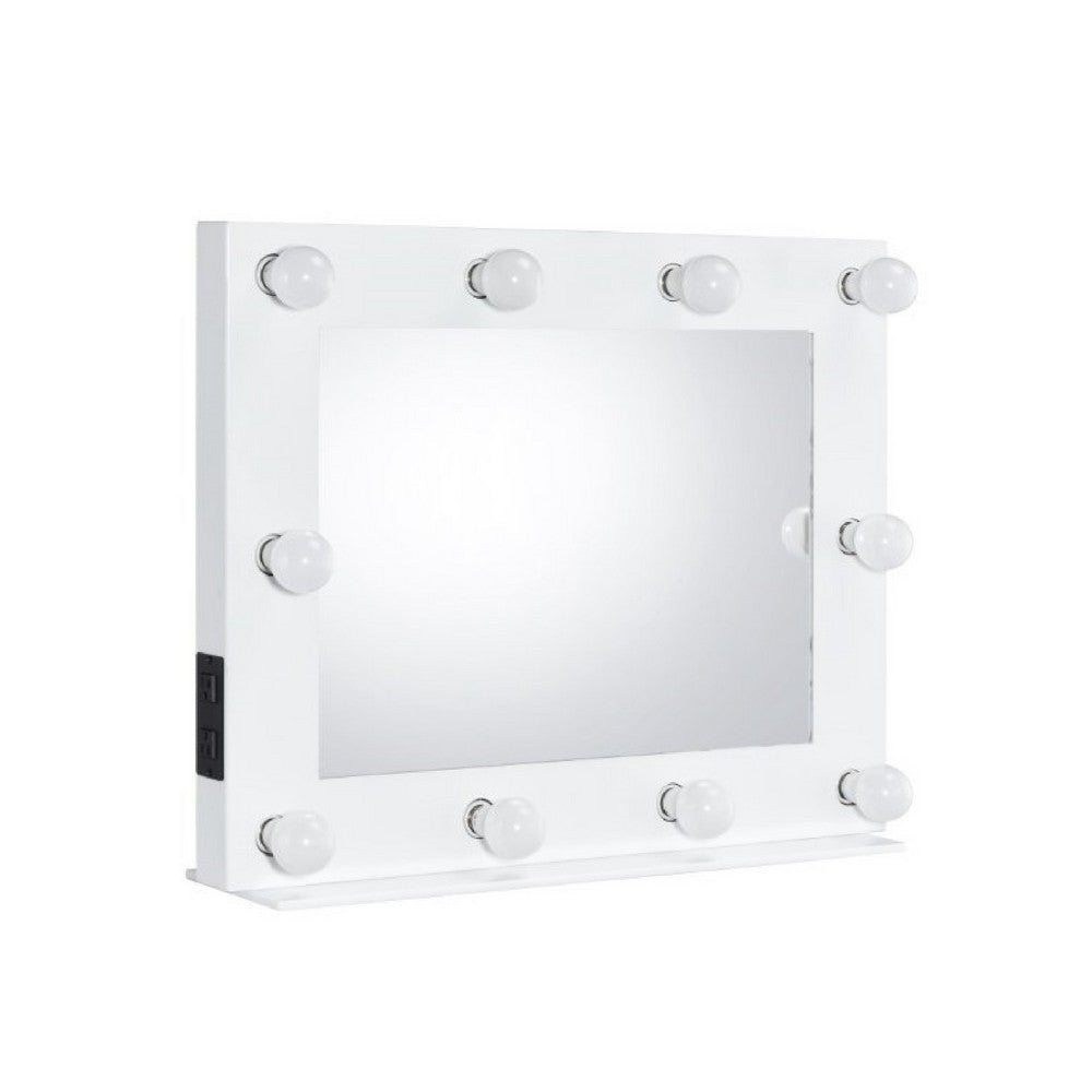 32 Inch Modern Lighted Mirror, 2 Power Outlets, 10 Bulb Sockets, White - BM274648