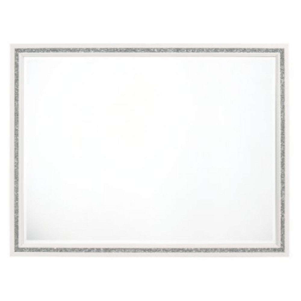 46 Inch Solid Wood Mirror, Shimmering Silver Accent, Landscape, White - BM275076