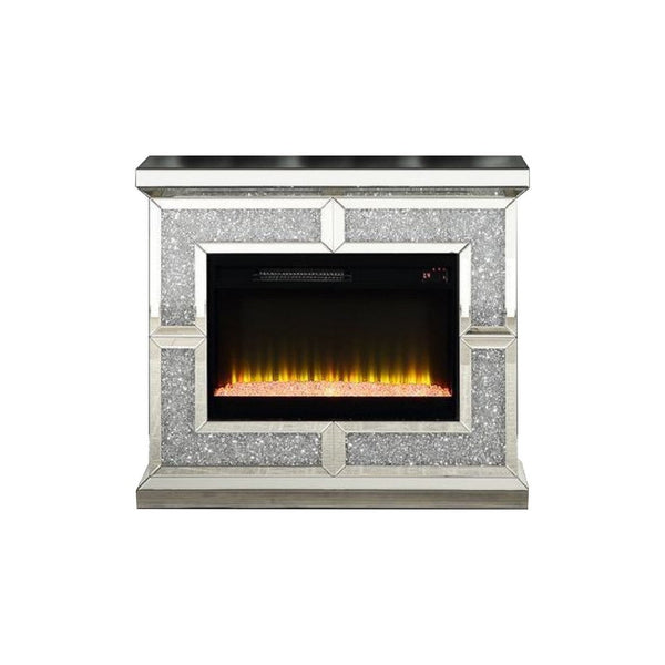 Noe 41 Inch Mirrored LED Electric Fireplace, Remote, Faux Diamond, Silver - BM275475