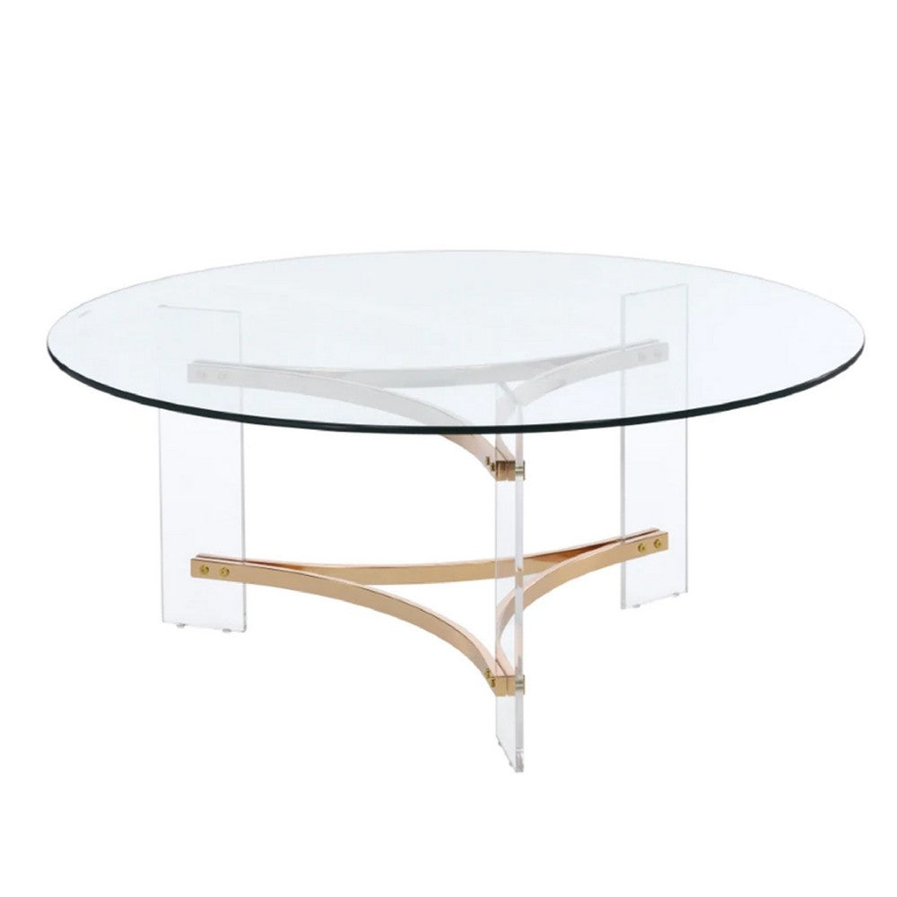 Hale 41 Inch Round Coffee Table, Glass Top, Acrylic Legs, Clear, Gold - BM275491