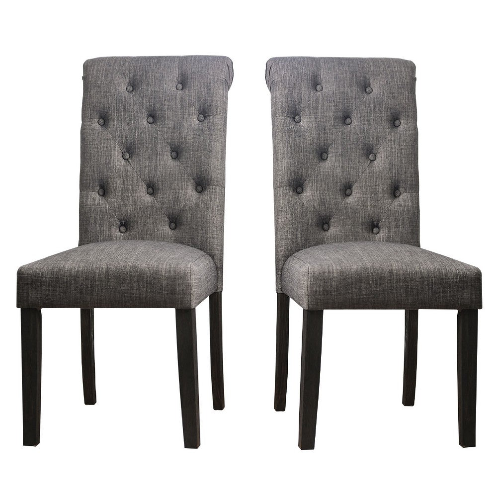 27 Inch Fabric Dining Chair, Button Tufted Rolled Back, Wood, Gray - BM275623