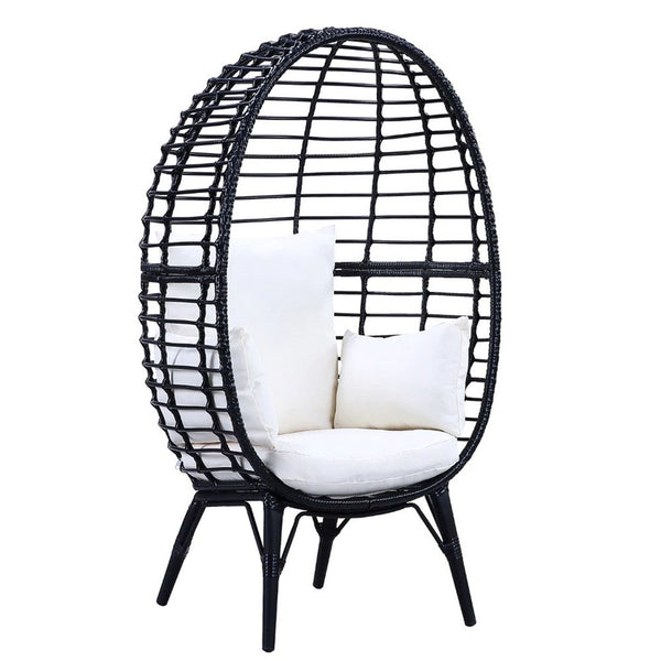 Loe 32 Inch Patio Lounge Chair, Oval Shape, Resin Rattan Wicker, Black - BM276212