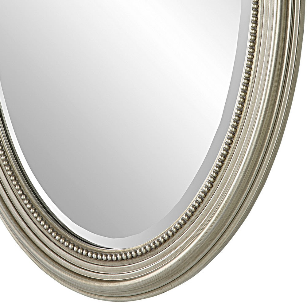 31 Inch Wall Mirror, Beaded Oval Shape, Metallic Silver - BM276686