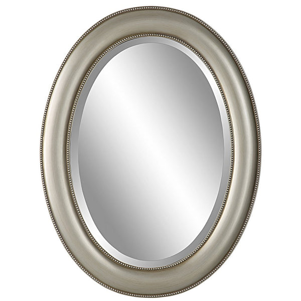29 Inch Wood Wall Mirror, Beaded Oval Shape, Metallic Silver - BM276687