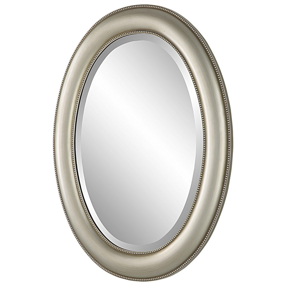 29 Inch Wood Wall Mirror, Beaded Oval Shape, Metallic Silver - BM276687
