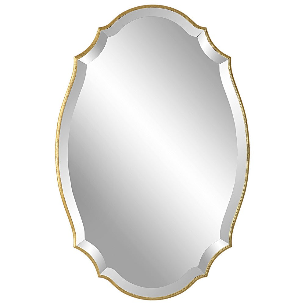 30 Inch Wood Wall Mirror, Elongated Quatrefoil, Antique Gold - BM276689