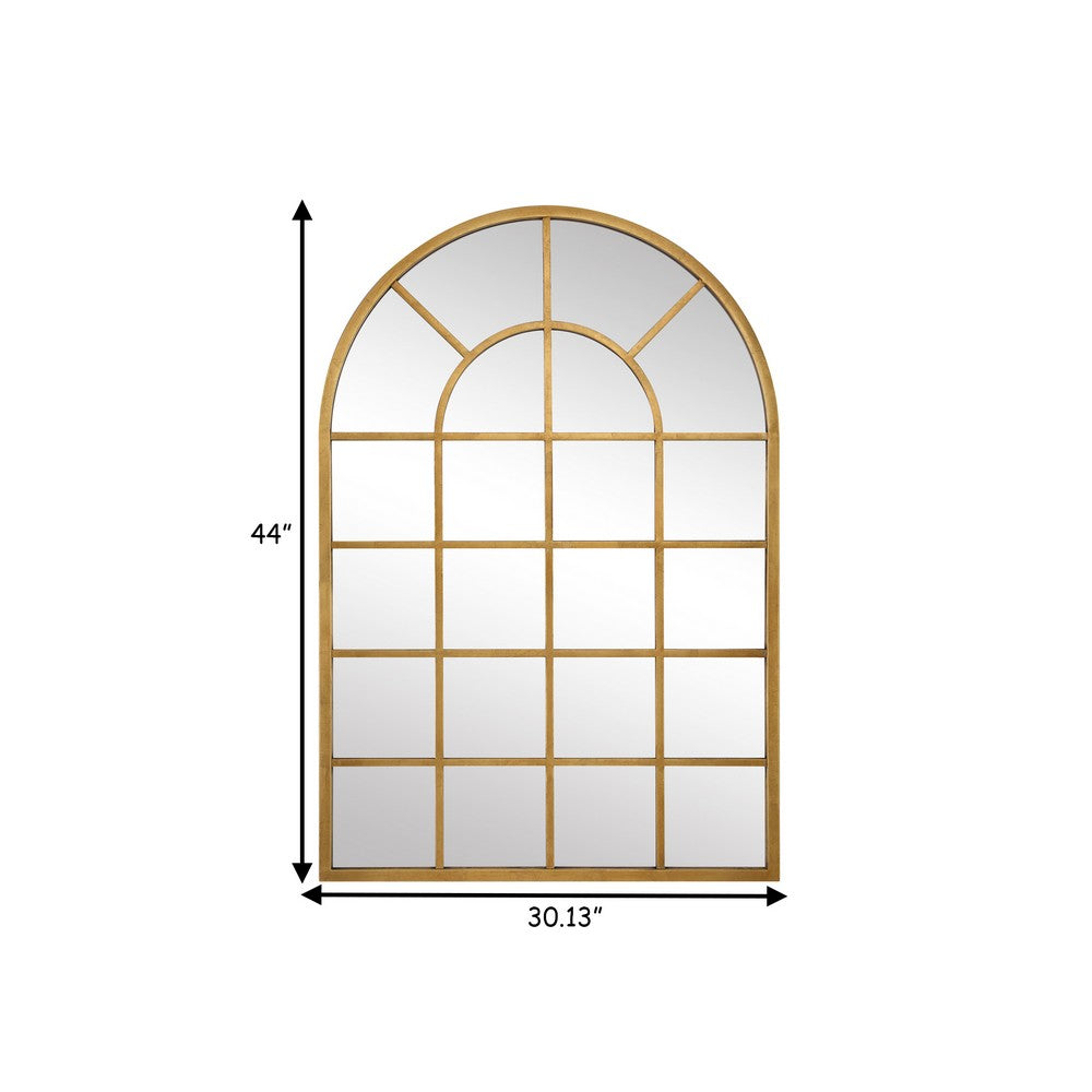 44 Inch Wood Wall Mirror, Arched Windowpane Shape, Antique Gold - BM276691