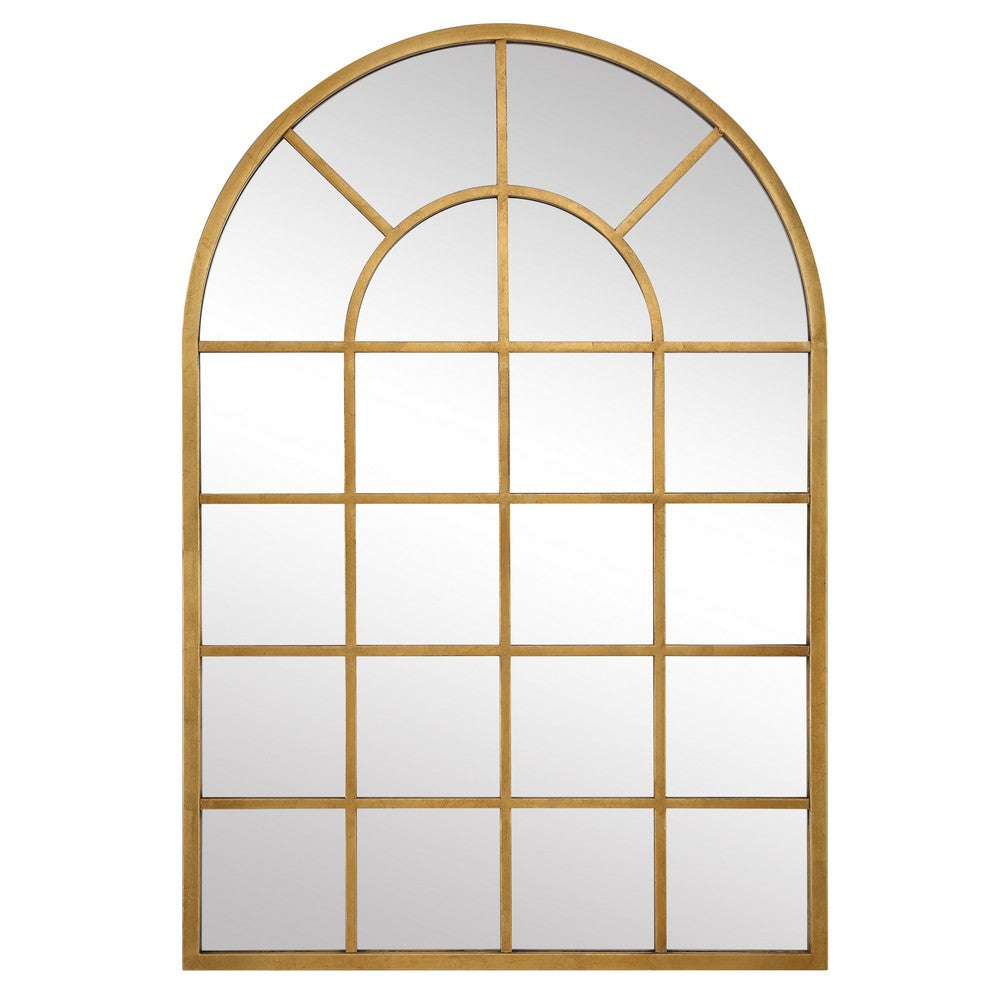 44 Inch Wood Wall Mirror, Arched Windowpane Shape, Antique Gold - BM276691