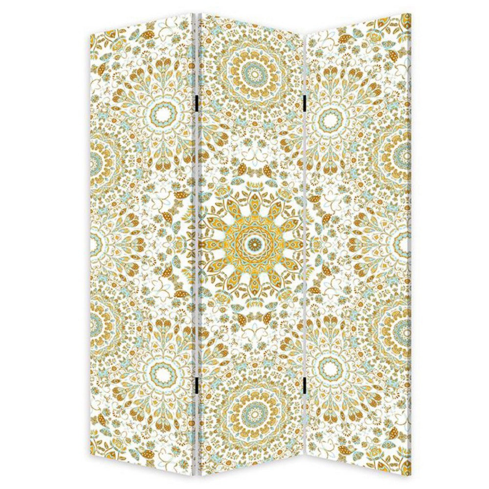 72 Inch 3 Panel Canvas Foldable Room Divider, Bohemian Design, Teal Blue - BM276722