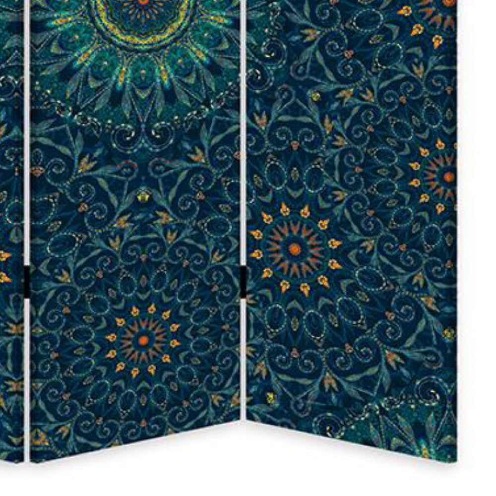 72 Inch 3 Panel Canvas Foldable Room Divider, Bohemian Design, Teal Blue - BM276722