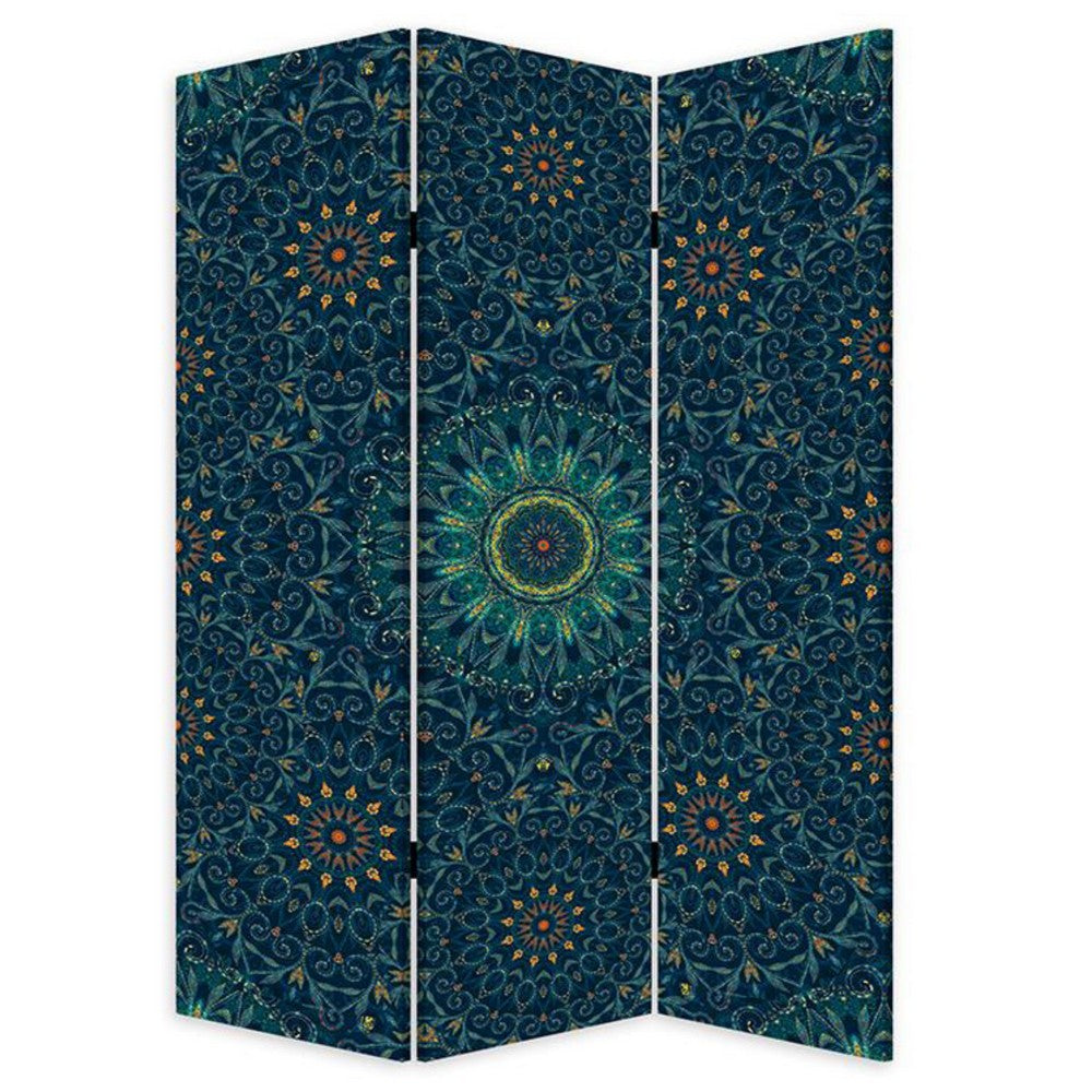 72 Inch 3 Panel Canvas Foldable Room Divider, Bohemian Design, Teal Blue - BM276722