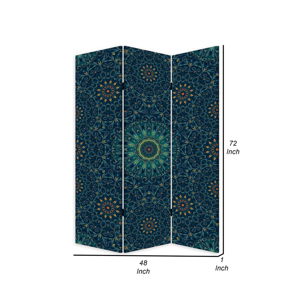 72 Inch 3 Panel Canvas Foldable Room Divider, Bohemian Design, Teal Blue - BM276722
