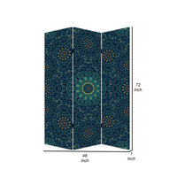 72 Inch 3 Panel Canvas Foldable Room Divider, Bohemian Design, Teal Blue - BM276722