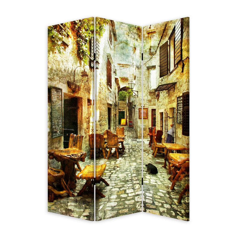 72 Inch 3 Panel Canvas Room Divider, Streets, Flowers, Plants, Multicolor - BM276725