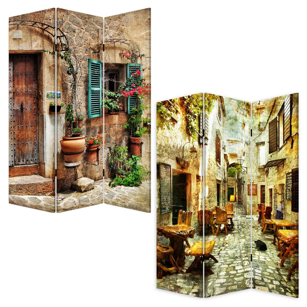 72 Inch 3 Panel Canvas Room Divider, Streets, Flowers, Plants, Multicolor - BM276725