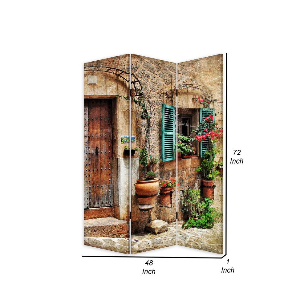 72 Inch 3 Panel Canvas Room Divider, Streets, Flowers, Plants, Multicolor - BM276725