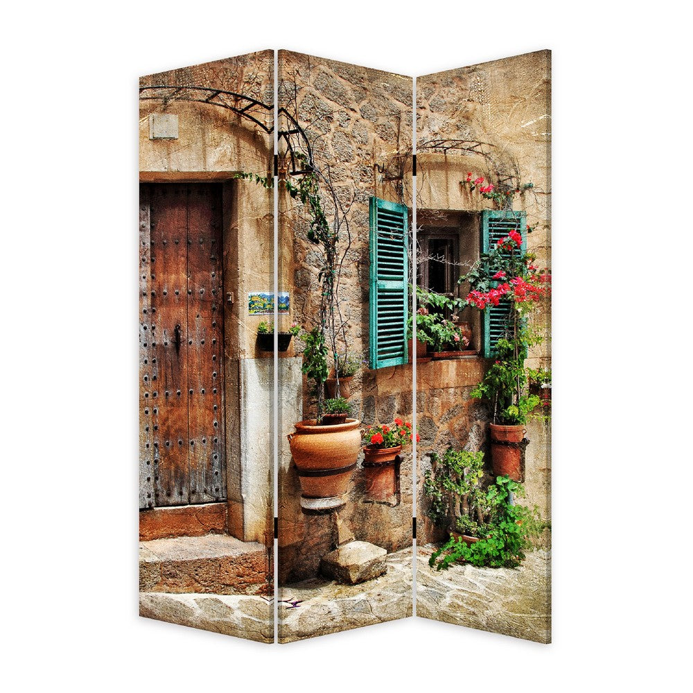 72 Inch 3 Panel Canvas Room Divider, Streets, Flowers, Plants, Multicolor - BM276725