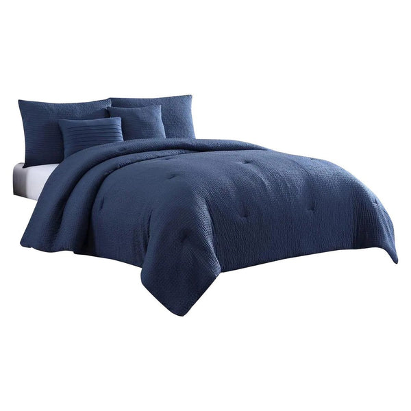 Alice 5 Piece Queen Comforter Set, Textured, The Urban Port, Navy Blue - BM277009