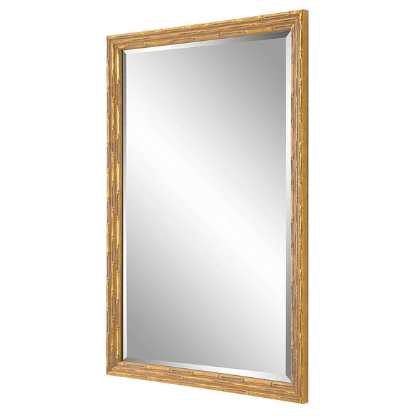 34 Inch Wood Rectangular Wall Mirror, Bamboo Design, Gold, Gray - BM277019