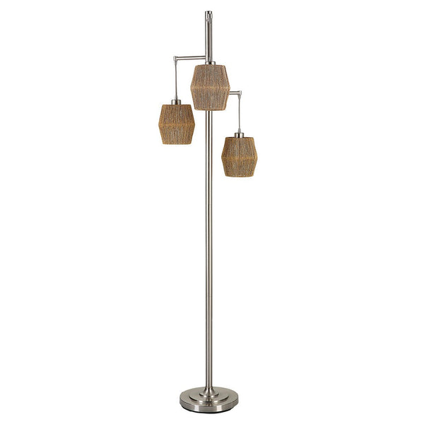 73 Inch Metal Floor Lamp, Three Drum Shaped Rope Shades, Silver, Brown - BM277029
