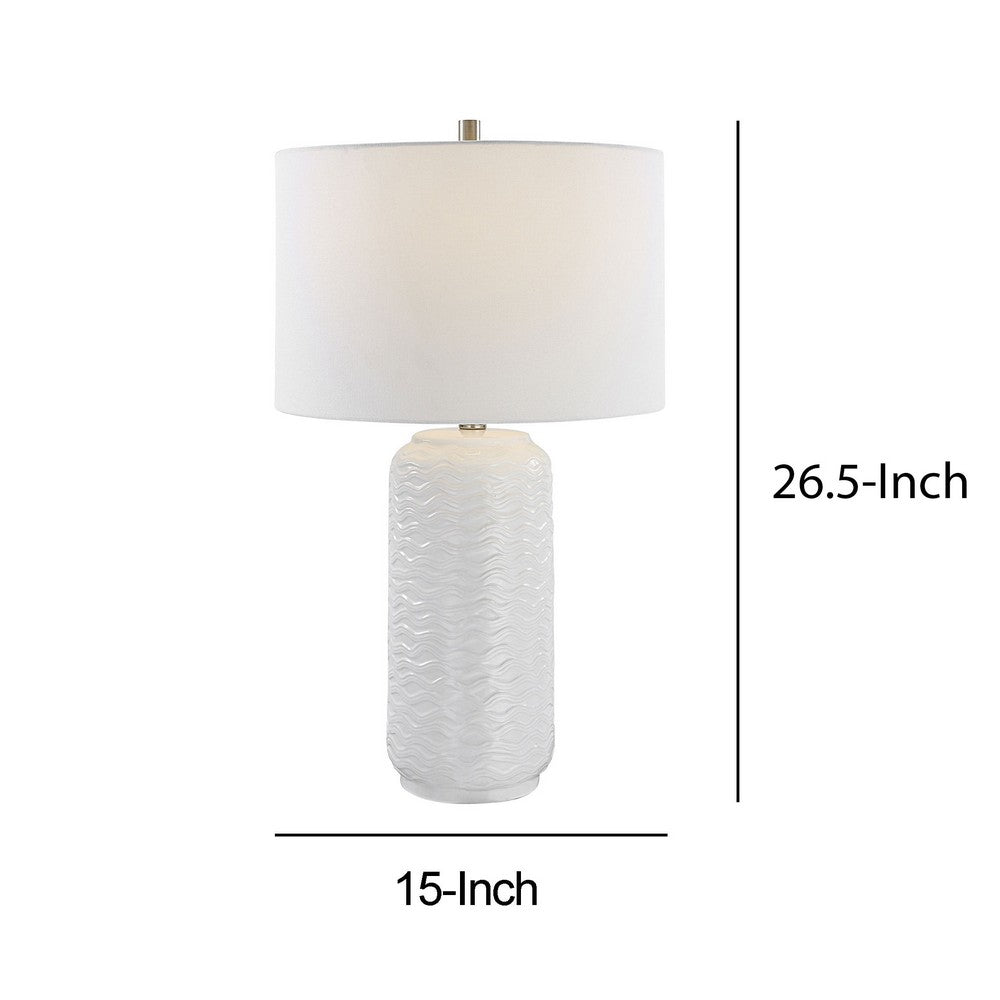 27 Inch Ceramic Table Lamp, Wavy Texture, Silver, White - BM277032