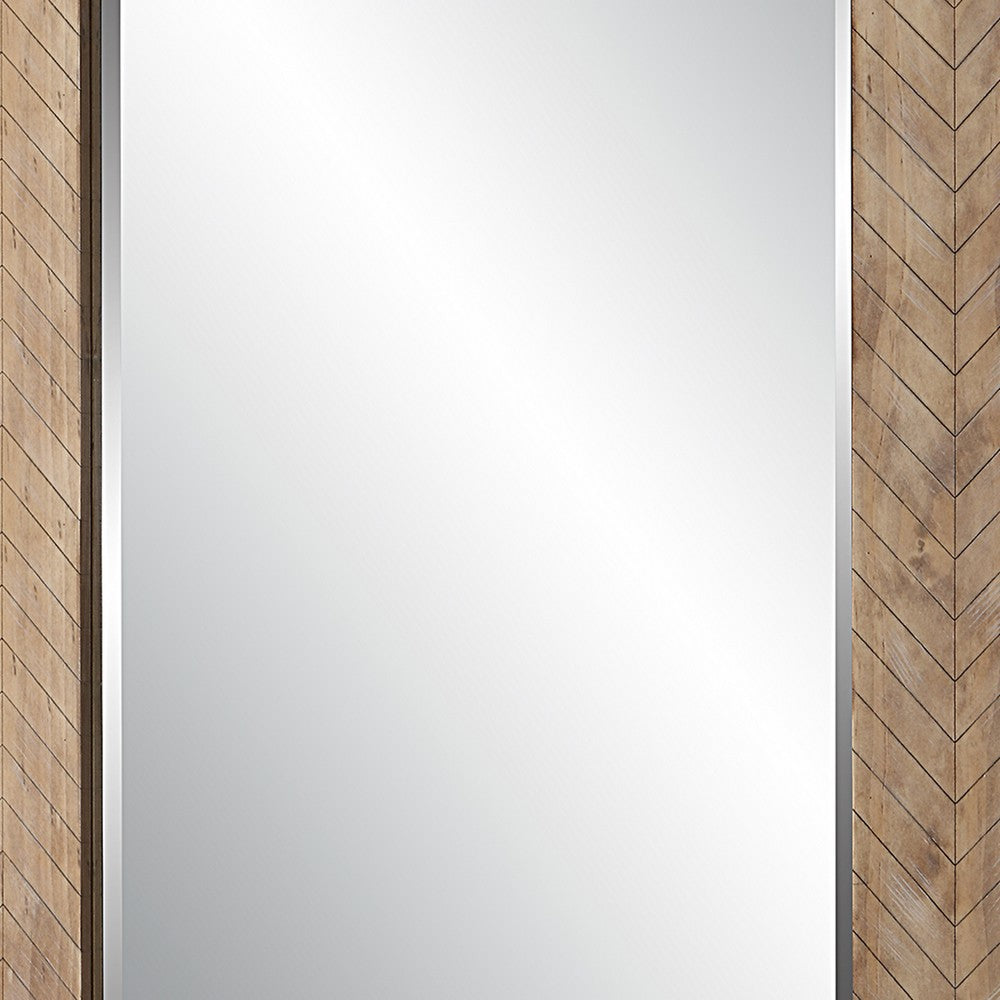 39 Inch Wood Frame Wall Mirror, Chevron Design, Brown - BM277035