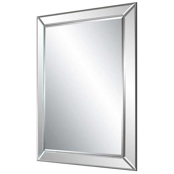 39 Inch Wood Mirror, Mirrored Frame, Beveled Panels, Silver - BM277038