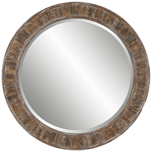 34 Inch Wood Round Wall Mirror, Weathered Finish, Brown - BM277042