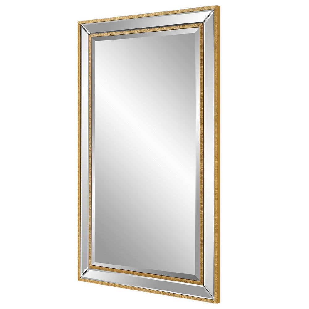 40 Inch Wood Rectangular Wall Mirror, Beveled Panel, Gold - BM277046