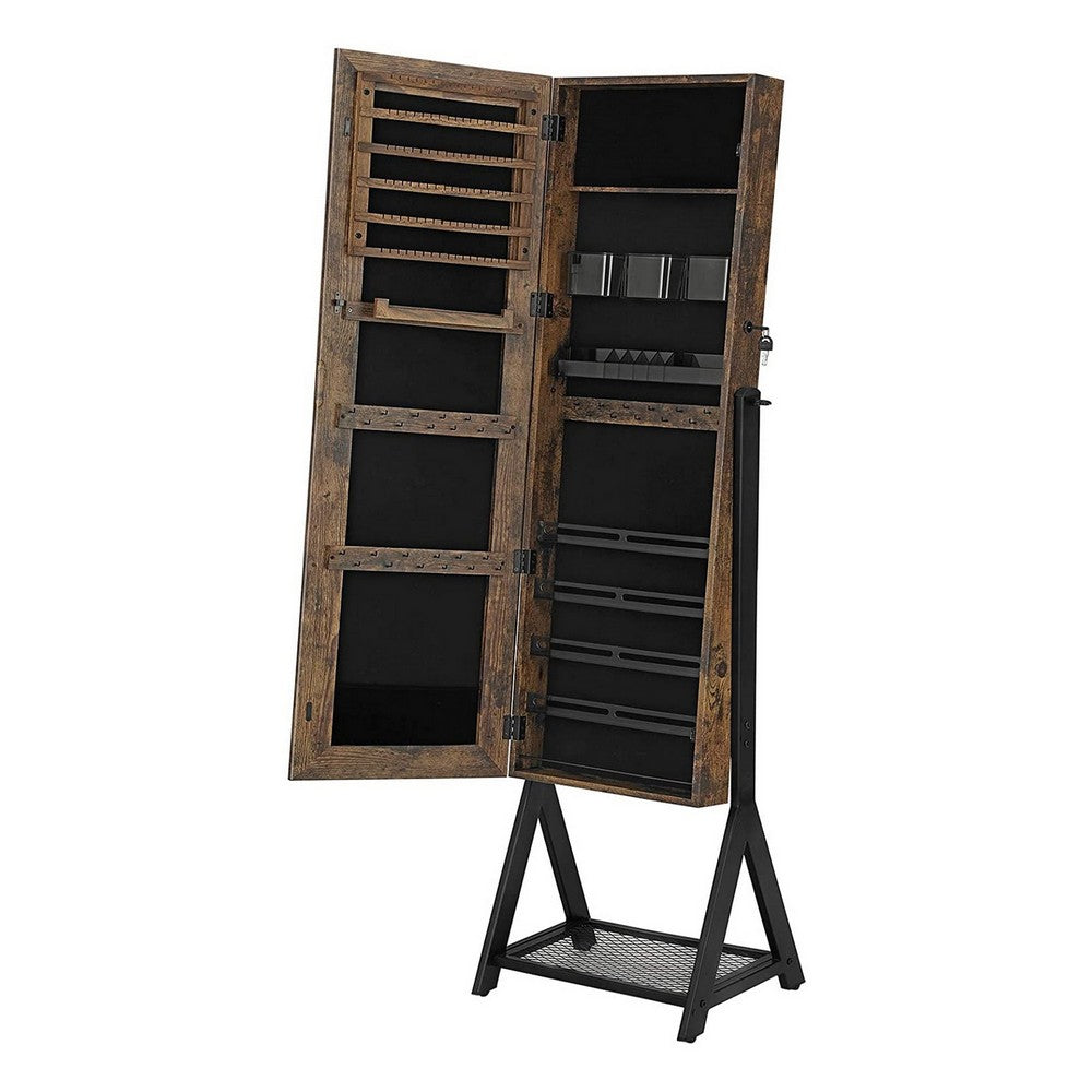Max 60 Inch Wood Jewelry Cabinet, Floor Mirror, Mesh Shelf, Rustic Brown - BM277138
