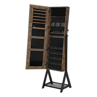 Max 60 Inch Wood Jewelry Cabinet, Floor Mirror, Mesh Shelf, Rustic Brown - BM277138