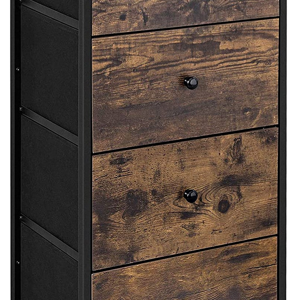 Doe 36 Inch 4 Drawer Tall Dresser Chest, Wood, Metal, Rustic Brown, Black - BM277153